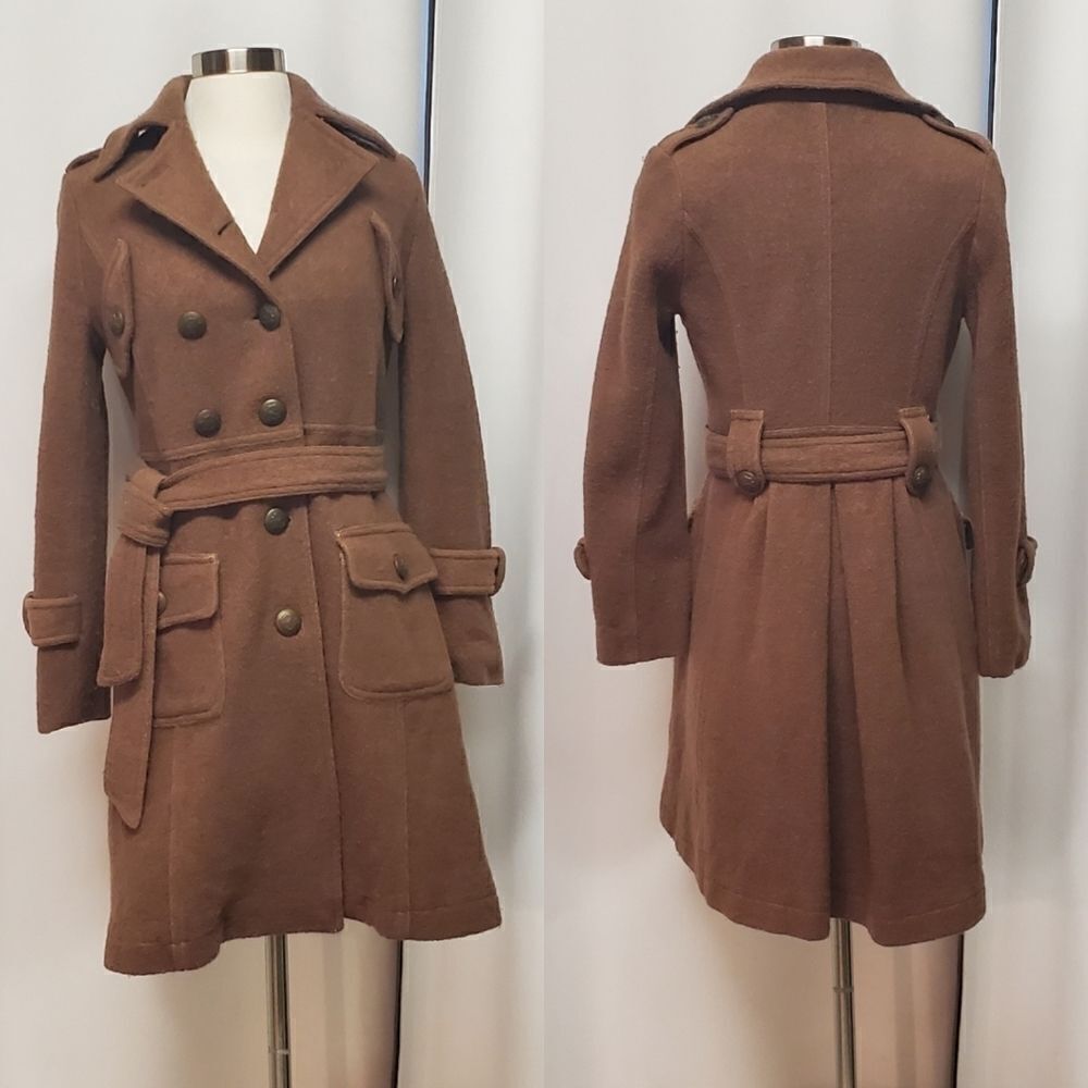 Vintage 70s Double Breasted Military Style Brown‎ Belted Midi Trench Coat Sm